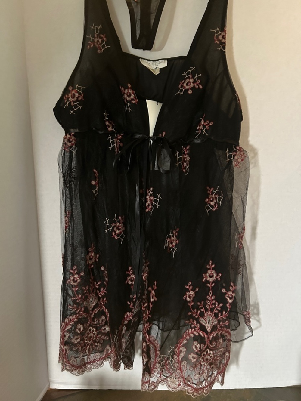 Flora Nikrooz Black Sheer Embroidered Mesh Babydoll with Pink Floral Accents